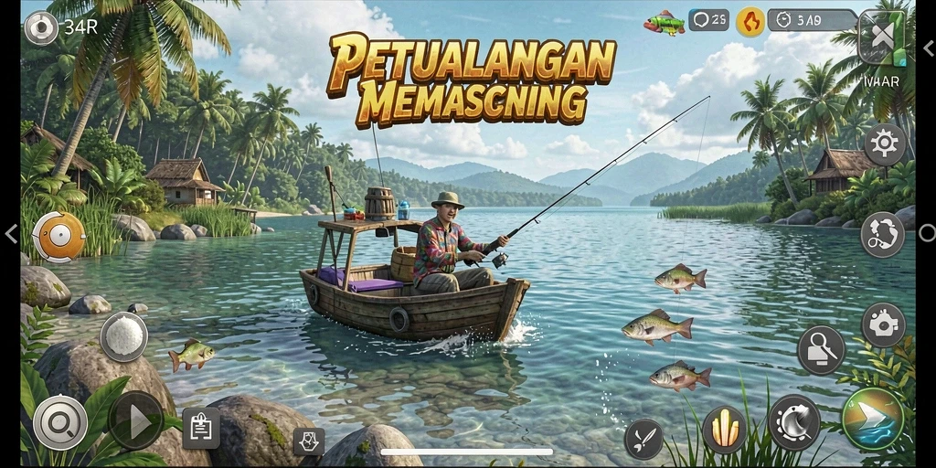 Tampilan utama gameplay 34R menampilkan momen memancing yang seru.