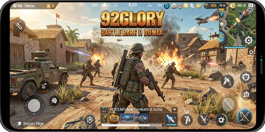Menampilkan aksi seru dalam gameplay Battle Royale 92GLORY.