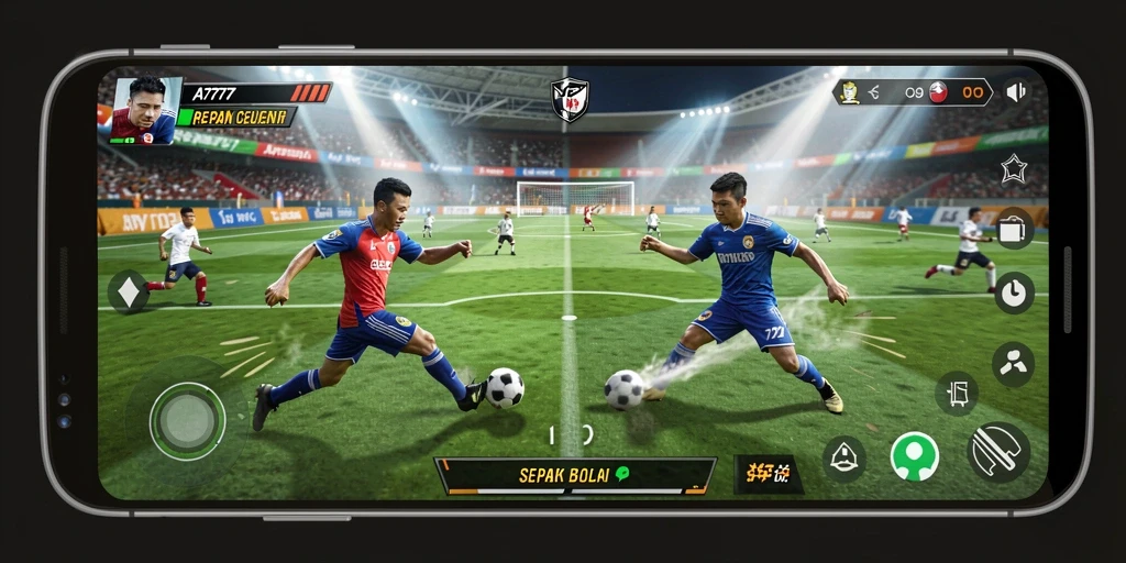 Screenshot gameplay A7777 menampilkan aksi sepak bola yang mendebarkan.