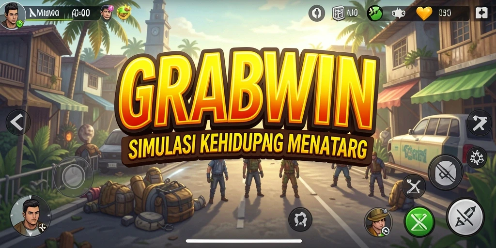 Tangkapan layar gameplay GRABWIN menampilkan interaksi karakter dalam simulasi kehidupan.