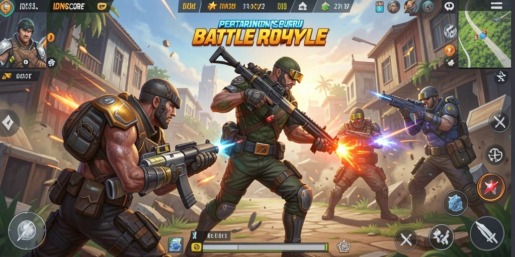 Screenshot utama IDNSCORE menampilkan aksi seru di medan tempur Battle Royale.
