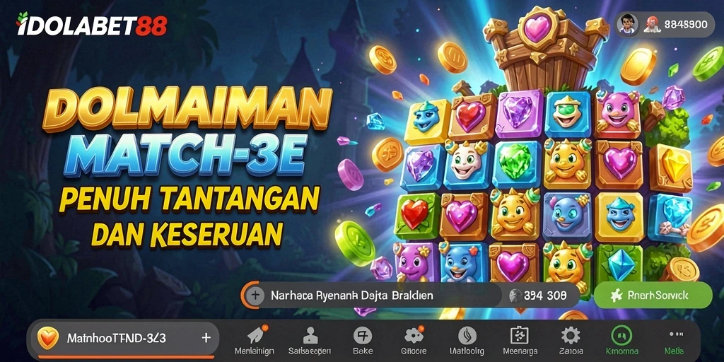 Screenshot gameplay IDOLABET88 menampilkan berbagai item Match-3 yang berwarna-warni.