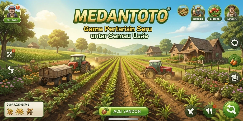 Screenshot gameplay <strong>MEDANTOTO</strong> menampilkan kebun yang subur dan interaksi pemain.