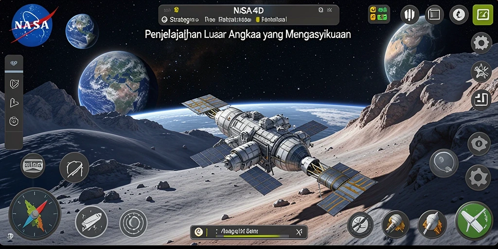 Menggambarkan misi luar angkasa penuh strategi dan kolaborasi.