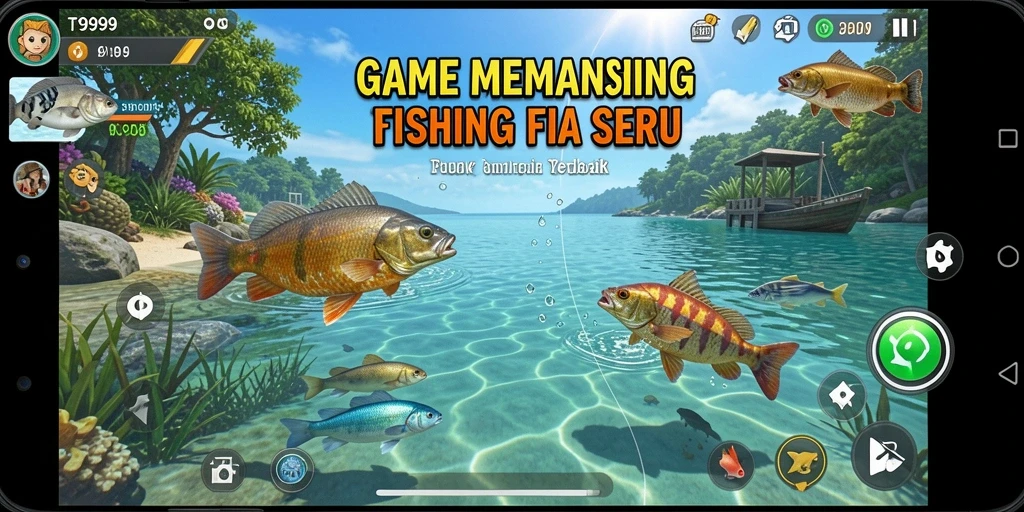 Tampilan gameplay memancing yang seru dan mendebarkan di T9999.