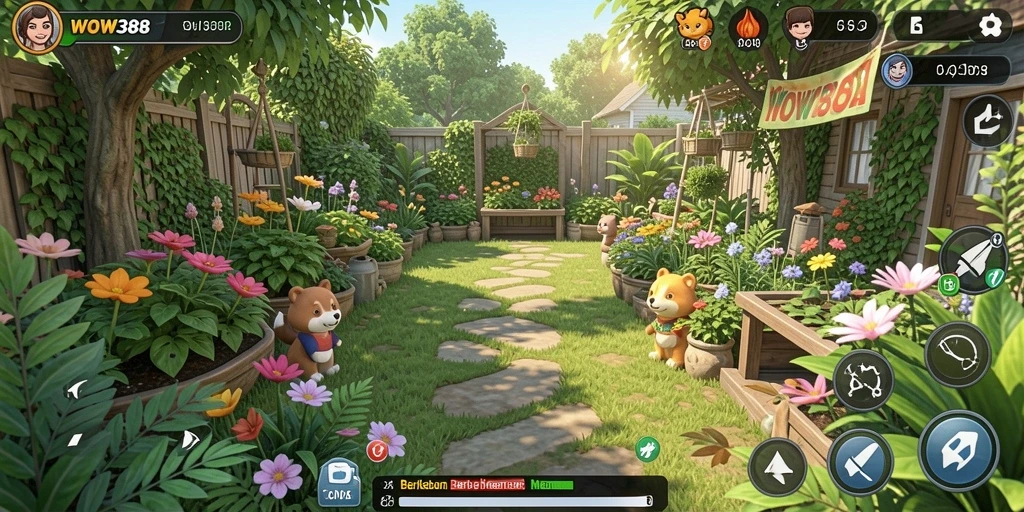 Tampilan gameplay WOW388 dengan kebun yang rimbun dan interaksi seru.